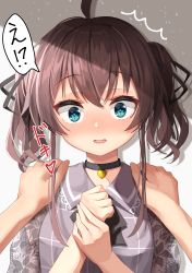 Rule 34 | 1boy, 1girl, ^^^, absurdres, ahoge, black choker, black ribbon, blue eyes, blush, brown hair, choker, collared shirt, commentary request, grey shirt, hair between eyes, hair ribbon, hands on another&#039;s shoulders, hands up, heart, heartbeat, highres, hololive, looking at viewer, natsuiro matsuri, natsuiro matsuri (casual), nose blush, out of frame, own hands together, parted lips, ribbon, shirt, solo focus, starkamisan, translated, twintails, virtual youtuber
