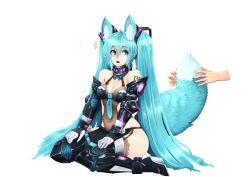 Rule 34 | 1girl, :o, ^^^, animal ears, aqua eyes, aqua hair, barbariank, bare shoulders, black skirt, blue necktie, breasts, cleavage, collarbone, disembodied limb, fox ears, fox tail, full body, garter straps, gloves, hair between eyes, hair ornament, hair ribbon, hands on own thighs, hatsune miku, highres, kemonomimi mode, light, long hair, looking to the side, mechanical legs, medium breasts, necktie, open mouth, pleated skirt, ribbon, sitting, skirt, solo focus, surprised, tail, tail fondling, transparent background, twintails, very long hair, vocaloid, wariza, white gloves
