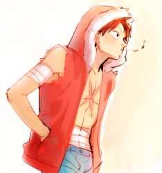 Rule 34 | 1boy, bandages, denim, hands in pockets, hood, jeans, male focus, monkey d. luffy, musical note, one piece, open clothes, open shirt, pants, scar, shirt, solo, whistle, yamsong