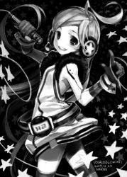 Rule 34 | 1girl, ahoge, android, bad id, bad pixiv id, dress, female focus, gloves, greyscale, legs, long hair, looking back, microphone, monochrome, nakbe, sf-a2 miki, smile, solo, striped clothes, striped thighhighs, thighhighs, very long hair, vocaloid
