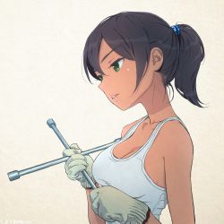 Rule 34 | 10s, 1girl, artist name, bad id, bad twitter id, bare shoulders, black hair, breasts, chimaki (u9works), cleavage, collarbone, dark skin, dark-skinned female, from side, girls und panzer, gloves, green eyes, grey gloves, hair between eyes, head tilt, holding, hoshino (girls und panzer), lips, long eyelashes, looking away, medium breasts, medium hair, parted lips, ponytail, shirt, short hair, simple background, solo, tank top, texture, upper body, white shirt, wrench