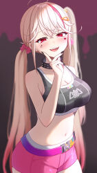 Rule 34 | 1girl, :d, black collar, black nails, black sports bra, blonde hair, blush, breasts, cleavage, collar, facial tattoo, goddess of victory: nikke, gradient hair, hand on own chin, heart, heart tattoo, highres, jackal (nikke), large breasts, long hair, looking at viewer, low twintails, midriff, multicolored belt, multicolored hair, nail polish, navel, omochi popo, open mouth, pink hair, pink shorts, red eyes, short shorts, shorts, side ponytail, sidelocks, smile, solo, spiked collar, spikes, sports bra, streaked hair, tattoo, teeth, twintails, upper teeth only