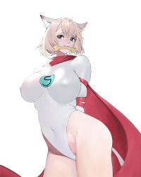 Rule 34 | 1girl, animal ears, arms behind back, blonde hair, blue eyes, bobobong, bone, breasts, cape, covered erect nipples, covered navel, crayon shin-chan, highleg, highleg leotard, highres, large breasts, leotard, looking at viewer, mouth hold, personification, restrained, saliva, shiro (shin-chan), short hair, simple background, solo, white background, white leotard