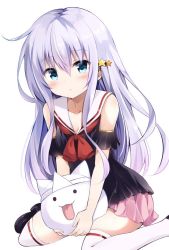 Rule 34 | 1girl, arm garter, bare shoulders, black footwear, black shirt, blue eyes, blush, breasts, cleavage, closed mouth, collarbone, ghost, hair between eyes, hair ornament, hairclip, highres, holding, hoshinomiya kunon, hyurasan, light purple hair, loafers, long hair, looking at viewer, miniskirt, neck ribbon, original, pink skirt, pleated skirt, red ribbon, revision, ribbon, sailor collar, shirt, shoes, sidelocks, simple background, sitting, skirt, sleeveless, sleeveless shirt, small breasts, solo, star (symbol), star hair ornament, thighhighs, tongue, tongue out, triangular headpiece, wariza, white background, white sailor collar, white thighhighs, zettai ryouiki