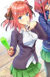 Rule 34 | athenawyrm, black ribbon, blue eyes, blunt bangs, blush, breasts, butterfly hair ornament, cardigan, food, from above, go-toubun no hanayome, green skirt, hair ornament, hand to own mouth, holding, holding food, licking, licking finger, looking at viewer, nakano miku, nakano nino, outdoors, pink hair, popsicle, purple cardigan, ribbon, shirt, siblings, sisters, skirt, thighs, tongue, tongue out, twintails, white shirt