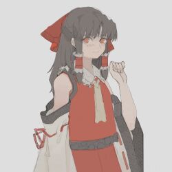 Rule 34 | 1girl, absurdres, adapted costume, ascot, bare shoulders, black hair, bow, detached sleeves, fingernails, flat chest, frilled shirt collar, frills, grey background, hair bow, hair tubes, hakurei reimu, hand up, highres, long hair, looking at viewer, parted bangs, red bow, red eyes, red skirt, red vest, reisende1969, simple background, skirt, skirt set, solo, touhou, vest, wide sleeves, yellow ascot