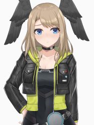 Rule 34 | 1girl, absurdres, black bodysuit, black choker, black jacket, blue eyes, blush, bodysuit, breast tattoo, breasts, choker, cleavage, eunie (xenoblade), head wings, highres, hood, jacket, keaworks, large breasts, long hair, long sleeves, looking at viewer, open clothes, open jacket, simple background, solo, tattoo, white wings, wings, xenoblade chronicles (series), xenoblade chronicles 3