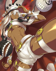 Rule 34 | 1girl, abs, belt, belt bra, breasts, colored eyelashes, covered erect nipples, dark-skinned female, dark skin, guilty gear, guilty gear xrd, hat, highres, ippo, large breasts, looking at viewer, looking down, orange eyes, ramlethal valentine, red eyes, shiny skin, short shorts, shorts, solo, spread legs, thighs, toned, underboob, white hair
