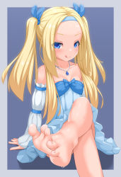 Rule 34 | 1girl, barefoot, blonde hair, blue eyes, blush, crossed legs, feet, hairband, highres, jewelry, licking lips, long hair, looking at viewer, necklace, sitting, smile, soles, sweat, toes, tongue, tongue out, twintails, zoquqot