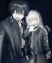 Rule 34 | 1boy, 1girl, :d, arm around back, blunt bangs, buttons, closed eyes, collared jacket, collared shirt, facing viewer, foreshortening, from above, giv 81, greyscale, hair between eyes, holding, holding umbrella, jacket, jitome, long hair, looking at viewer, looking up, monochrome, night, one eye closed, open clothes, open jacket, open mouth, original, outdoors, outstretched arm, pants, rain, road, shirt, shoes, short hair, side-by-side, sidelocks, slit pupils, smile, sweater, umbrella, v-neck, walking