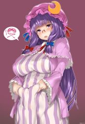 Rule 34 | 1girl, absurdres, bad id, bad pixiv id, belly grab, bespectacled, blue bow, blue ribbon, blush, bow, breasts, crescent, dress, fang, frilled sleeves, frills, glasses, hair ribbon, hat, hat ribbon, highres, large breasts, long hair, looking at viewer, mob cap, open mouth, patchouli knowledge, plump, po. (medamaoyazi), purple eyes, purple hair, red-framed eyewear, red bow, red ribbon, ribbon, semi-rimless eyewear, simple background, solo, spoken skull and crossbones, striped clothes, striped dress, touhou, under-rim eyewear, very long hair