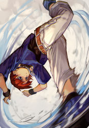 Rule 34 | 1boy, belt, blue eyes, blue footwear, blue shirt, brown belt, brown hair, chris, closed mouth, hungry clicker, jewelry, kicking, male focus, necklace, pants, shirt, shoes, snk, solo, standing, standing on one leg, the king of fighters, white pants, wristband