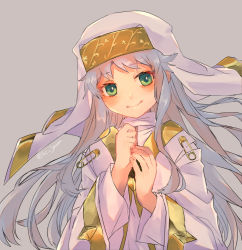Rule 34 | 1girl, closed mouth, commentary, dress, green eyes, grey background, grey hair, habit, hands up, index (toaru majutsu no index), jam (lc jam), long hair, long sleeves, looking at viewer, own hands together, safety pin, simple background, smile, solo, toaru majutsu no index, twitter username, upper body, very long hair, white dress