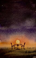 Rule 34 | chair, cloud, cloudy sky, highres, night, night sky, no humans, original, painting (medium), shadow, shibakaka, sky, star (sky), starry sky, sun, sunlight, sunset, table, traditional media, watercolor (medium)