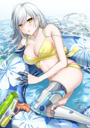 Rule 34 | 1girl, abe hikaru, android, bare shoulders, bikini, blush, breasts, cleavage, damaged, earrings, feet out of frame, floral print, flower earrings, grey hair, highres, inflatable toy, innertube, jewelry, large breasts, long hair, lying, mechanical arms, mechanical legs, mechanical parts, multi-strapped bikini, on side, open mouth, original, partially submerged, solo, swept bangs, swim ring, swimsuit, very long hair, water, water gun, yellow bikini, yellow eyes
