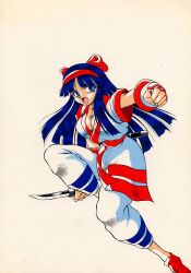 Rule 34 | 1girl, absurdres, blue eyes, blue hair, breasts, cleavage, fighting stance, fingerless gloves, gloves, hair ribbon, highres, large breasts, leg lift, legs, long hair, nakoruru, no bra, open mouth, pants, ribbon, samurai spirits, snk, solo, the king of fighters, thighs, traditional media, weapon