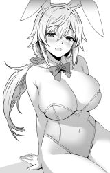 Rule 34 | 1girl, animal ears, bare shoulders, blush, bow, bowtie, breasts, charlotte dunois, cleavage, collarbone, covered navel, detached collar, fake animal ears, hair between eyes, highleg, highleg leotard, infinite stratos, large breasts, leotard, long hair, looking at viewer, metsu end, monochrome, open mouth, playboy bunny, ponytail, rabbit ears, simple background, sitting, smile, solo, strapless, strapless leotard, white background