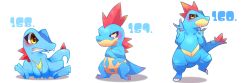 Rule 34 | animal focus, blush, claws, clenched teeth, closed mouth, collarbone, creatures (company), croconaw, crossed arms, double v, fangs, fangs out, feraligatr, full body, game freak, gen 2 pokemon, half-closed eyes, hands up, leg up, looking to the side, nintendo, no humans, own hands together, pokedex number, pokemon, pokemon (creature), shira (sirairo116), sitting, spread legs, standing, standing on one leg, teeth, totodile, v, yellow eyes