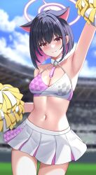 Rule 34 | 1girl, absurdres, animal ears, armpits, black hair, blue archive, blurry, blurry background, blush, breasts, cat ears, cheerleader, cleavage, colored inner hair, crop top, extra ears, halo, hibika, highres, holding, holding pom poms, kazusa (blue archive), looking at viewer, medium breasts, multicolored hair, navel, pink hair, pom pom (cheerleading), pom poms, red eyes, short hair, skirt, solo