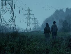 Rule 34 | 1boy, 1girl, absurdres, bird, black jacket, church, commentary, corpse, denim, english commentary, fog, forest, from behind, grass, hanged, highres, holding hands, horror (theme), jacket, jeans, long hair, nature, original, outdoors, pants, power lines, short hair, signature, skirt, stefan koidl, transmission tower