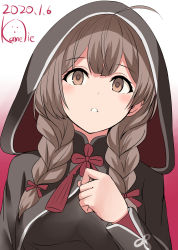 Rule 34 | 1girl, black capelet, black dress, blush, braid, breasts, brown eyes, brown hair, capelet, dress, hair between eyes, hair ribbon, highres, hood, hooded capelet, kamelie, kantai collection, large breasts, long hair, long sleeves, one-hour drawing challenge, open mouth, red ribbon, ribbon, shinshuu maru (kancolle), solo, twin braids, twitter username, two-tone background