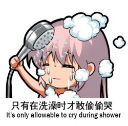 Rule 34 | 1girl, arm up, bilingual, chibi, closed eyes, closed mouth, commentary, convenient censoring, english commentary, english text, engrish text, fujiwara no mokou, holding, holding shower head, jokanhiyou, lowres, mixed-language text, no nose, out-of-frame censoring, pink hair, ranguage, shower head, showering, soap bubbles, soap censor, solo, touhou, upper body, water, wet
