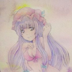 Rule 34 | 1girl, alternate costume, bikini, breasts, cleavage, clenched hand, eyelashes, front-tie top, hair ribbon, hand on own chest, hat, highres, long hair, looking at viewer, mob cap, navel, painting (medium), patchouli knowledge, pink background, puckered lips, purple bikini, purple eyes, purple hair, ribbon, solo, swimsuit, touhou, traditional media, tress ribbon, upper body, very long hair, watercolor (medium), yuyu (00365676)