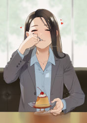 Rule 34 | 1girl, blurry, blurry background, brown hair, cherry, eating, closed eyes, food, fruit, heart, jewelry, long hair, mattaku mousuke, necklace, office lady, original, pudding, solo, spoon, watermark, whipped cream