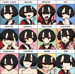 Rule 34 | 1girl, black eyes, black hair, blush, bright pupils, closed mouth, collarbone, crying, d-floe, expression chart, closed eyes, eyeshadow, facing viewer, fang, highres, horns, looking at viewer, looking away, makeup, multiple views, open mouth, original, parted lips, red eyeshadow, short hair, smile, teeth, white pupils