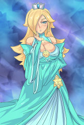 Rule 34 | 1girl, bare shoulders, blonde hair, blue eyes, breasts, bridal gauntlets, cleavage, cleavage cutout, clothing cutout, crown, detached collar, dress, gown, hair over one eye, huge breasts, long hair, maniacpaint, mario (series), nintendo, rosalina, solo, star (symbol), super mario galaxy, wide sleeves
