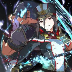 Rule 34 | 1boy, 1girl, back-to-back, black hair, brown eyes, eyepatch, gloves, glowing, grey hair, grin, hat, highres, holding, holding sword, holding weapon, lips, military, military uniform, morag ladair (xenoblade), nayuta-kanata, smile, sword, uniform, weapon, xenoblade chronicles (series), xenoblade chronicles 2, zeke von genbu (xenoblade)
