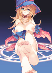Rule 34 | 1girl, bad id, bad pixiv id, bare shoulders, barefoot, blonde hair, blue eyes, blush, breasts, capelet, collar, collarbone, commentary request, dark magician girl, dress, duel monster, feet, female focus, foot focus, foreshortening, full body, gradient background, hat, highres, jyon104, large breasts, long hair, looking at viewer, nipples, open mouth, pentagram, pulling own clothes, shiny skin, short dress, simple background, sitting, smile, solo, thighs, toes, wizard hat, yu-gi-oh!