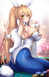 Rule 34 | 1girl, animal ears, artoria pendragon (all), artoria pendragon (fate), artoria pendragon (swimsuit ruler) (fate), ass, blonde hair, blue pantyhose, blush, braid, breasts, detached collar, fake animal ears, fate/grand order, fate (series), feather boa, fishnet pantyhose, fishnets, french braid, green eyes, hair between eyes, highres, large breasts, leotard, long hair, looking at viewer, nail polish, pantyhose, parted lips, playboy bunny, poker chip, poker table, ponytail, rabbit ears, sidelocks, sitting, smile, solo, table, thighs, tiara, untue, white leotard, wrist cuffs