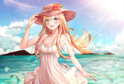 Rule 34 | 1girl, :d, absurdres, bare arms, bird, blue ribbon, blue sky, blush, bracelet, breasts, cleavage, collarbone, day, dress, flower, fu u03, green eyes, hair between eyes, hair flower, hair ornament, halterneck, hat, hat ribbon, hibiscus, highres, jewelry, looking at viewer, medium breasts, ocean, open mouth, original, outdoors, pink hat, red flower, rei no himo, ribbon, sky, sleeveless, sleeveless dress, smile, solo, standing, straw hat, summer, sun hat, sundress, sunlight, white dress, white ribbon
