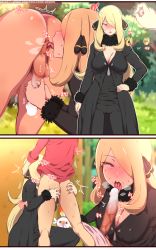 Rule 34 | 1boy, 1girl, 2koma, absurdres, anilingus, anus, ass, bad id, bad pixiv id, blonde hair, blouse, blush, censored, coin, comic, creatures (company), cynthia (pokemon), erection, fellatio, game freak, gen 8 pokemon, hand on own hip, handjob, hetero, highres, holed coin, hypnosis, kneepits, licking, licking penis, long hair, male pubic hair, milking handjob, mind control, mosaic censoring, nintendo, ooyun, open mouth, oral, penis, pokemon, pokemon (creature), pokemon dppt, pokemon swsh, pubic hair, red shirt, rusty trombone, scorbunny, shirt, standing, standing anilingus, stray pubic hair, sweat, testicles, tongue, tongue out, victor (pokemon), watermark, web address
