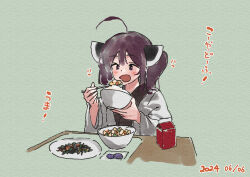 Rule 34 | 1girl, ahoge, blush, bowl, brown eyes, brown hair, dated, food, food request, green background, headgear, holding, holding bowl, holding spoon, japanese clothes, kimono, lamb (hitsujiniku), long sleeves, open mouth, plate, rice, rice bowl, solo, spoon, table, touhoku kiritan, translation request, twintails, upper body, voiceroid, white kimono, wide sleeves