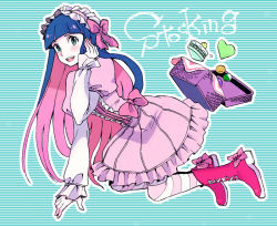Rule 34 | 10s, 1girl, :d, all fours, arm support, basket, blunt bangs, boots, bow, cake, character name, colored inner hair, cookie, dress, food, frilled dress, frills, full body, hairband, hand on own cheek, hand on own face, heart, juliet sleeves, knee boots, lolita hairband, long hair, long sleeves, looking at viewer, multicolored hair, open mouth, outline, panty &amp; stocking with garterbelt, pantyhose, pink bow, pink dress, pink footwear, pink hair, puffy sleeves, purple hair, smile, solo, stocking (psg), straight hair, striped background, striped clothes, striped pantyhose, two side up, usutsuchi kine, very long hair, white outline