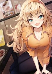 Rule 34 | 1girl, ankkoyom, bad id, bad pixiv id, blonde hair, blush, breasts, cleavage, commentary, fang, food, girls&#039; frontline, green eyes, hair between eyes, hairband, highres, large breasts, long hair, looking at viewer, messy hair, open mouth, orange shirt, s.a.t.8 (girls&#039; frontline), shirt, sitting, smile, solo, table, very long hair, yellow hairband