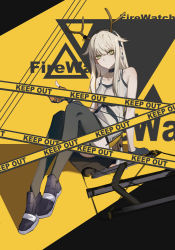 Rule 34 | 1girl, alternate hairstyle, antlers, arknights, bare arms, bare shoulders, black choker, black footwear, black gloves, black hairband, black thighhighs, caution tape, character name, choker, collarbone, commentary request, dress, fingerless gloves, firewatch (arknights), firewatch (wilted cypress) (arknights), gloves, grey dress, grey eyes, hair down, hair flaps, hairband, hand up, highres, horns, keep out, knees up, leris muma, long hair, looking at viewer, official alternate costume, shoes, short dress, sidelocks, silver hair, sitting, sleeveless, sleeveless dress, solo, spaghetti strap, thighhighs, yellow background