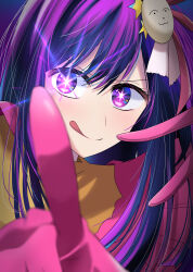 Rule 34 | 1girl, absurdres, blurry, blush, closed mouth, commentary, depth of field, dress, frilled dress, frills, gloves, gradient background, hair between eyes, hair ornament, hair ribbon, highres, hoshino ai (oshi no ko), idol, idol clothes, index finger raised, long hair, looking at viewer, oshi no ko, pink dress, pink gloves, pink ribbon, pointing, pointing at viewer, purple background, purple eyes, purple hair, rabbit hair ornament, ribbon, sidelocks, solo, sparkle, sparkling eyes, star-shaped pupils, star (symbol), star hair ornament, symbol-shaped pupils, tongue, tongue out, torajirou (95910958), upper body, v