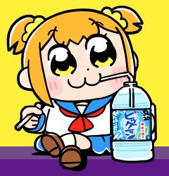 Rule 34 | 1girl, :3, bkub, blue sailor collar, blue skirt, blush stickers, brown footwear, cigarette, commentary request, crossed legs, dot nose, drinking straw, drinking straw in mouth, full body, hair ornament, hair scrunchie, highres, holding, holding cigarette, looking to the side, neckerchief, orange hair, plastic bottle, poptepipic, popuko, red neckerchief, sailor collar, school uniform, scrunchie, serafuku, shirt, shoes, short hair, short twintails, shouchuu (drink), simple background, sitting, skirt, socks, solo, translated, twintails, two side up, white shirt, white socks, yellow eyes, yellow scrunchie