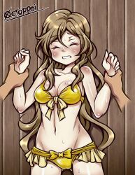 Rule 34 | 1boy, 1girl, bikini, blush, breasts, brown hair, cameltoe, cleavage, clenched teeth, closed eyes, highres, holding another&#039;s wrist, large breasts, long hair, looking at viewer, navel, restrained, shinomiya himawari, sweat, swimsuit, teeth, vividred operation, yellow bikini