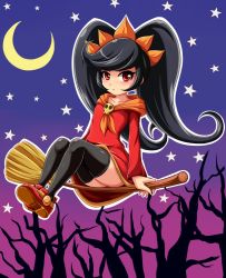 Rule 34 | 1girl, alternate legwear, ashley (warioware), big hair, black hair, black thighhighs, blush, broom, broom riding, closed mouth, collarbone, commentary request, crescent moon, dress, flat chest, full body, gradient background, hairband, halloween, highres, long hair, long sleeves, moon, neckerchief, nintendo, orange hairband, orange neckerchief, outline, red dress, red eyes, red footwear, shoes, sidesaddle, sigurd hosenfeld, skull, solo, star (symbol), thighhighs, tree, two-tone background, upskirt, very long hair, warioware, white outline