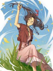 Rule 34 | 1girl, aerith gainsborough, breasts, brown hair, choker, cropped jacket, dress, etaa89, falling petals, feet out of frame, final fantasy, final fantasy vii, final fantasy vii remake, grass, green eyes, hair ribbon, hair undone, hand in own hair, hand up, jacket, long dress, long hair, looking to the side, medium breasts, outdoors, parted bangs, parted lips, petals, pink dress, pink ribbon, red jacket, ribbon, short sleeves, sidelocks, sitting, solo, wavy hair, wind