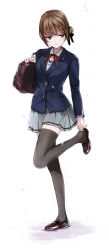 Rule 34 | 1girl, adjusting clothes, adjusting shoe, bag, blazer, blue eyes, brown hair, cherry blossoms, full body, hair ribbon, highres, jacket, loafers, ribbon, school bag, school uniform, shoes, simple background, skirt, solo, standing, takeuchi aya, thighhighs, white background, zettai ryouiki