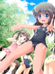Rule 34 | 5girls, blue eyes, blush, child, cloud, day, dutch angle, flat chest, frilled swimsuit, frills, from below, glasses, hair bobbles, hair ornament, highres, kanna hisashi, multiple girls, one-piece swimsuit, one-piece tan, original, outdoors, school swimsuit, short hair, sky, smile, sparkle, splashing, swimsuit, tan, tanline, tree, water, wet