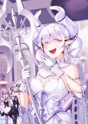 Rule 34 | absurdres, arianna the labrynth servant, arianne the labrynth servant, breasts, cleavage, closed eyes, demon girl, demon horns, demon wings, dress, duel monster, gloves, green eyes, grey eyes, grey hair, highres, holding, holding polearm, holding weapon, horns, large breasts, lovely labrynth of the silver castle, low wings, maid headdress, mammemmi, multiple girls, pointy ears, polearm, twintails, weapon, wings, yu-gi-oh!