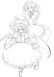 Rule 34 | 2girls, bat wings, female focus, greyscale, hat, izayoi sakuya, kiriu, knife, maid, maid headdress, monochrome, multiple girls, outstretched arms, remilia scarlet, short hair, sketch, spread arms, throwing knife, touhou, weapon, wings, wrist cuffs