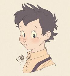 Rule 34 | 1boy, black eyes, black hair, blush, closed mouth, cropped shoulders, figaro (disney), grey background, looking at viewer, male focus, pinocchio (disney), shirt, short hair, simple background, solo, suspenders, uochandayo, white shirt