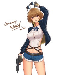 Rule 34 | 2692hd, artist name, aviator sunglasses, belt, brown hair, character name, girls&#039; frontline, gloves, grizzly mkv (girls&#039; frontline), gun, handgun, highres, jacket, l.a.r. manufacturing, lar grizzly win mag, looking at viewer, purple eyes, short hair, short shorts, shorts, smile, solo, sunglasses, weapon